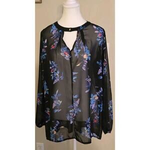 Face2Face Sz XXL Floral Chiffon Blouse Long Sleeve Lightweight Keyhole Neckline
